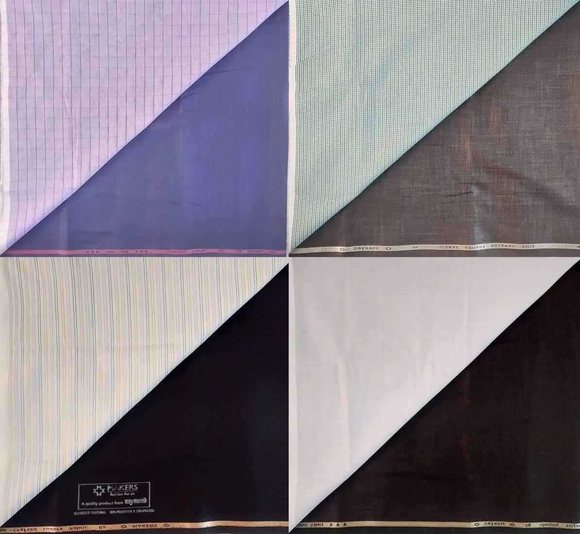 This is a combo set of four Raymond Fabrics multicolor unstitched shirt and trouser fabric made of rayon, perfect for a wedding occasion and easy to hand wash.