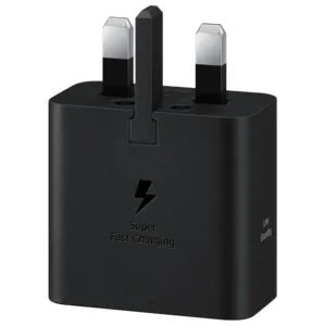 This is a black Samsung 25W USB-C power adapter featuring Super Fast Charging, GaN Tech for a slim design, and energy-saving technology.