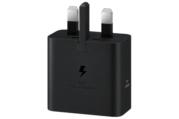 This is a black Samsung 25W USB-C power adapter featuring Super Fast Charging, GaN Tech for a slim design, and energy-saving technology.