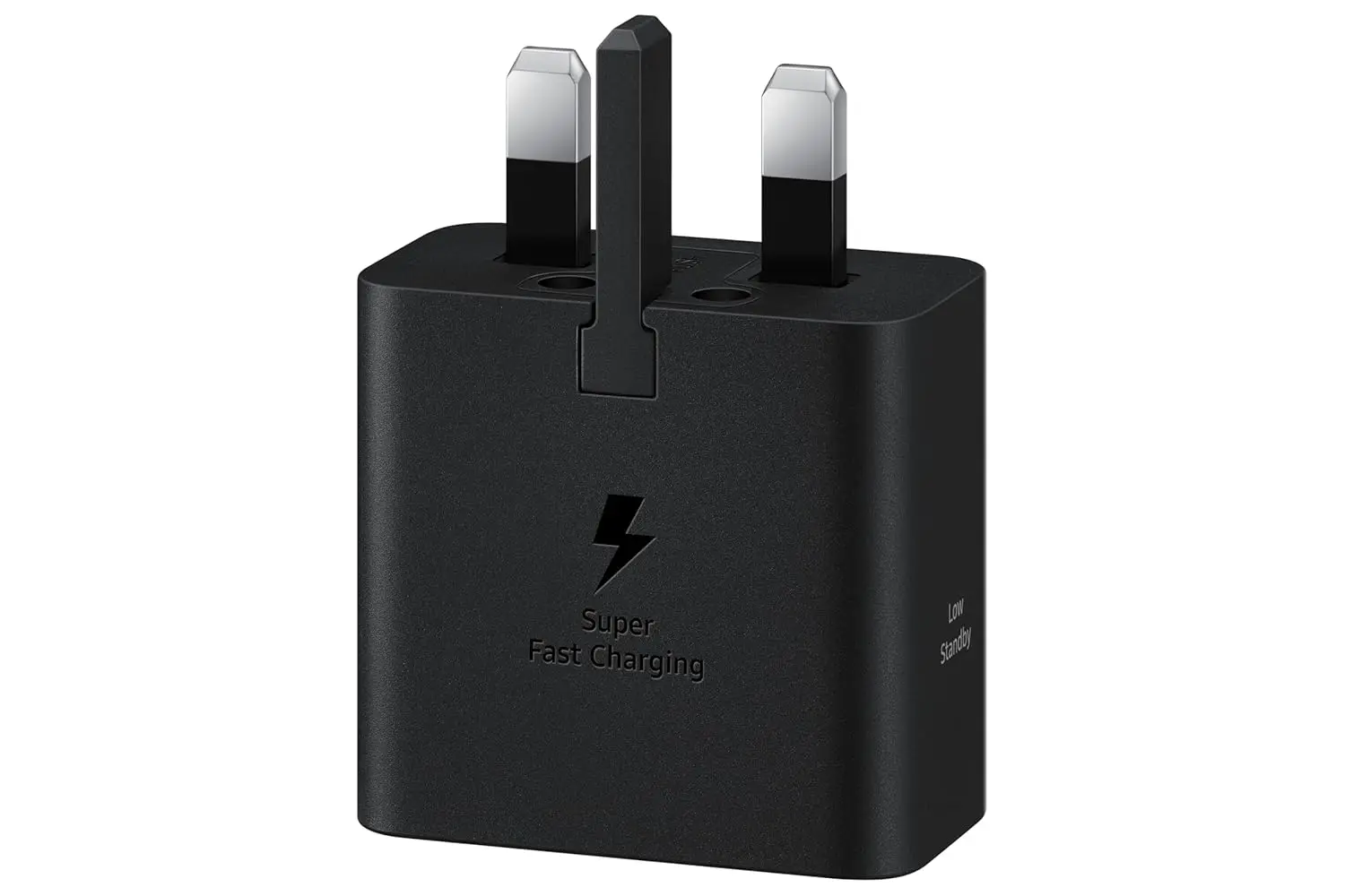 This is a black Samsung 25W USB-C power adapter featuring Super Fast Charging, GaN Tech for a slim design, and energy-saving technology.