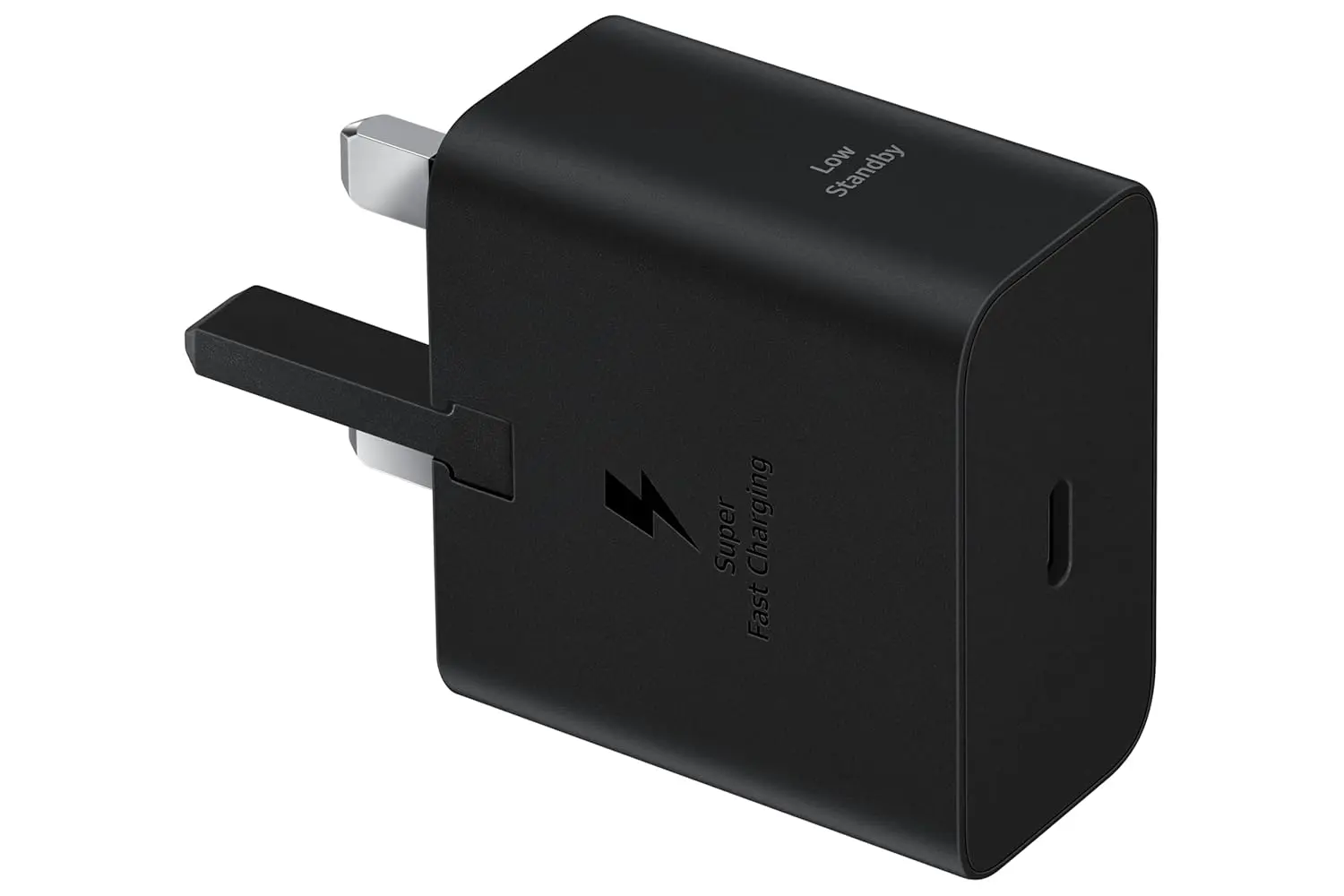 This is a black Samsung 25W USB-C power adapter featuring Super Fast Charging, GaN Tech for a slim design, and energy-saving technology.