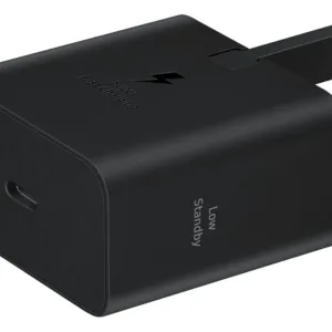 This is a black Samsung 25W USB-C power adapter featuring Super Fast Charging, GaN Tech for a slim design, and energy-saving technology.