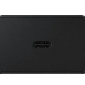 This is a black Samsung 25W USB-C power adapter featuring Super Fast Charging, GaN Tech for a slim design, and energy-saving technology.