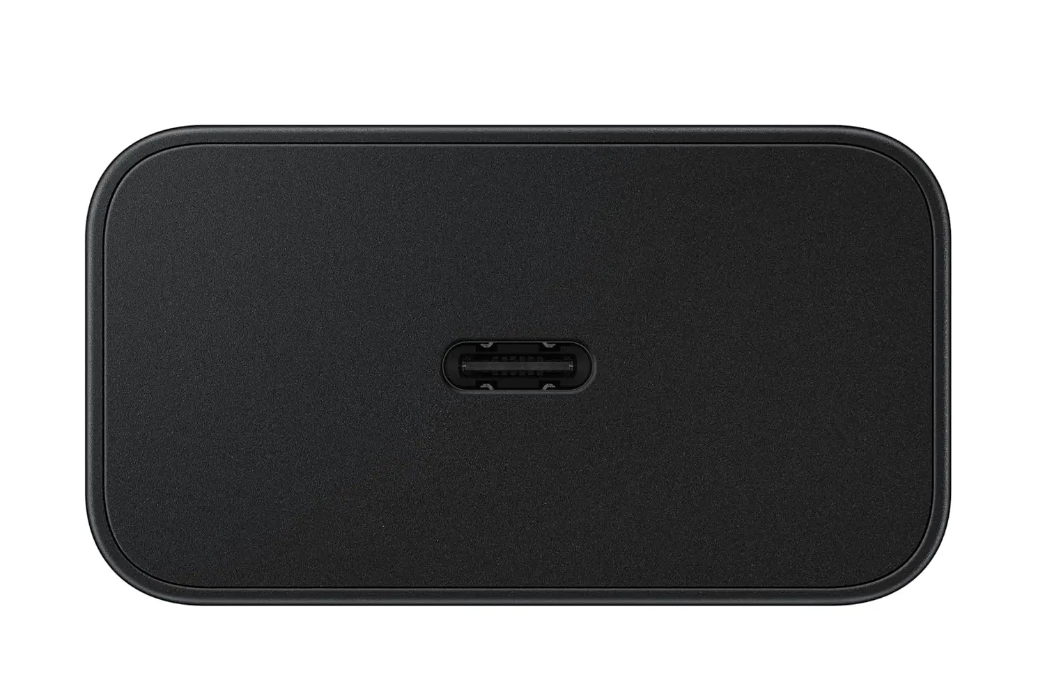 This is a black Samsung 25W USB-C power adapter featuring Super Fast Charging, GaN Tech for a slim design, and energy-saving technology.