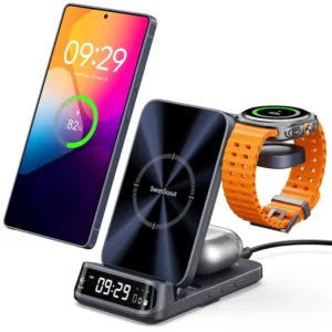 This SwanScout 708S 3-in-1 wireless charging station with a curved digital clock display charges Samsung phones, Galaxy Watches, and earbuds simultaneously while offering adjustable brightness settings for peaceful sleep.