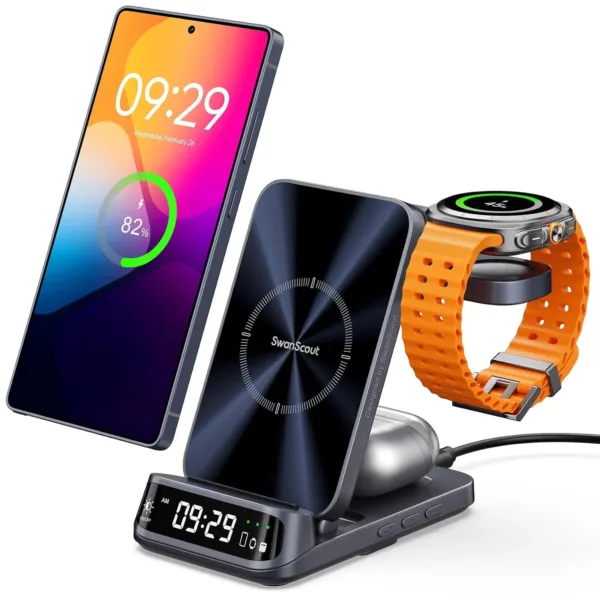 This SwanScout 708S 3-in-1 wireless charging station with a curved digital clock display charges Samsung phones, Galaxy Watches, and earbuds simultaneously while offering adjustable brightness settings for peaceful sleep.