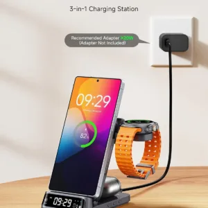 This SwanScout 708S 3-in-1 wireless charging station with a curved digital clock display charges Samsung phones, Galaxy Watches, and earbuds simultaneously while offering adjustable brightness settings for peaceful sleep.
