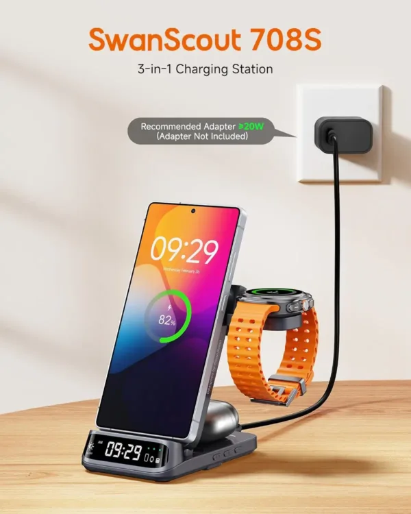 This SwanScout 708S 3-in-1 wireless charging station with a curved digital clock display charges Samsung phones, Galaxy Watches, and earbuds simultaneously while offering adjustable brightness settings for peaceful sleep.