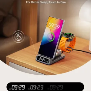 This SwanScout 708S 3-in-1 wireless charging station with a curved digital clock display charges Samsung phones, Galaxy Watches, and earbuds simultaneously while offering adjustable brightness settings for peaceful sleep.
