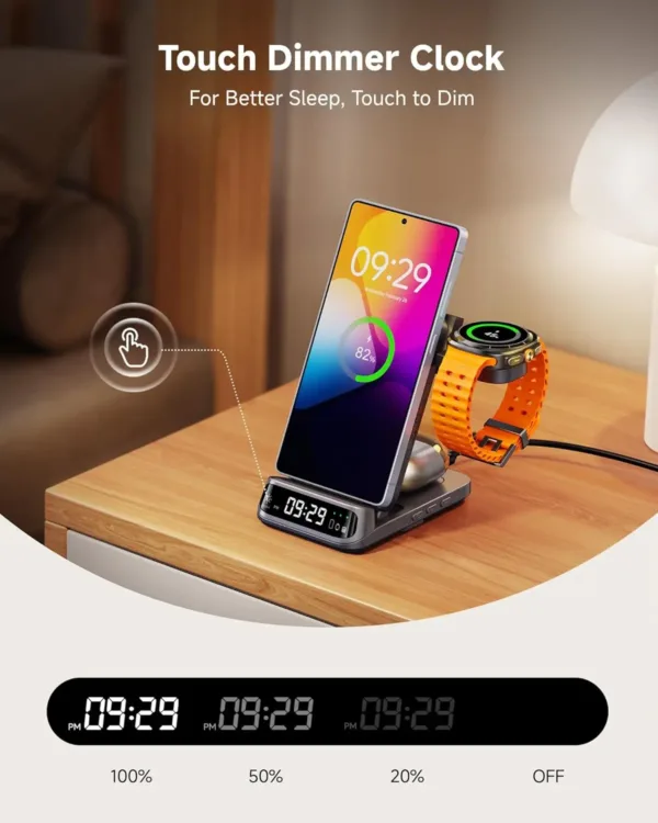 This SwanScout 708S 3-in-1 wireless charging station with a curved digital clock display charges Samsung phones, Galaxy Watches, and earbuds simultaneously while offering adjustable brightness settings for peaceful sleep.