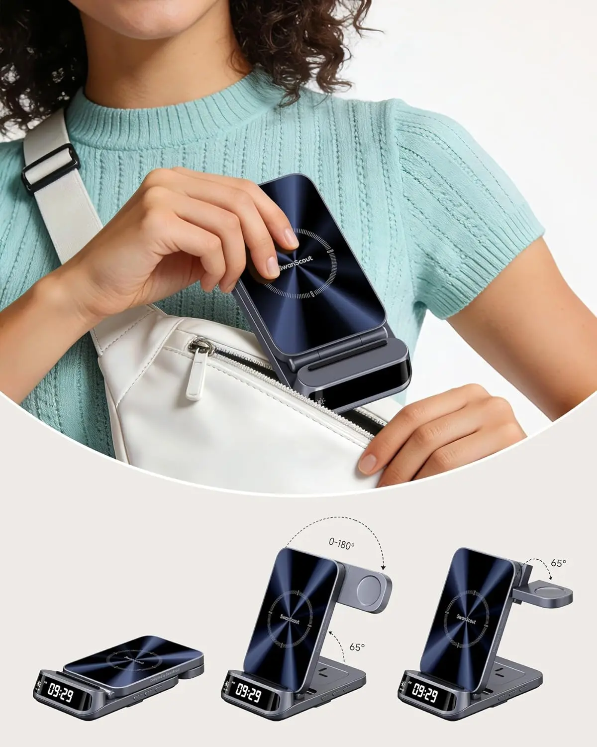 This SwanScout 708S 3-in-1 wireless charging station with a curved digital clock display charges Samsung phones, Galaxy Watches, and earbuds simultaneously while offering adjustable brightness settings for peaceful sleep.