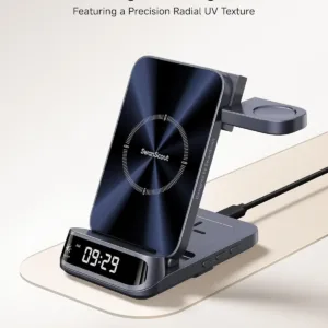 This SwanScout 708S 3-in-1 wireless charging station with a curved digital clock display charges Samsung phones, Galaxy Watches, and earbuds simultaneously while offering adjustable brightness settings for peaceful sleep.