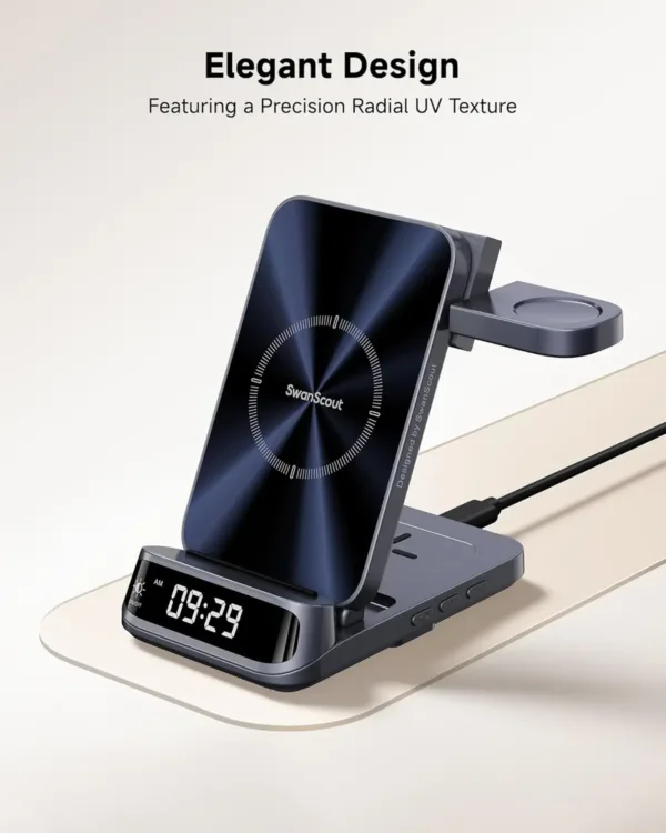 This SwanScout 708S 3-in-1 wireless charging station with a curved digital clock display charges Samsung phones, Galaxy Watches, and earbuds simultaneously while offering adjustable brightness settings for peaceful sleep.