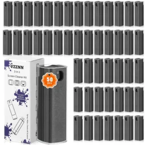 This 50-pack of gray 3-in-1 screen cleaner spray wipes effectively removes fingerprints and dirt from touchscreens on phones, laptops, iPads, TVs, and car screens, featuring a built-in cleaning solution and reusable microfiber cloth.