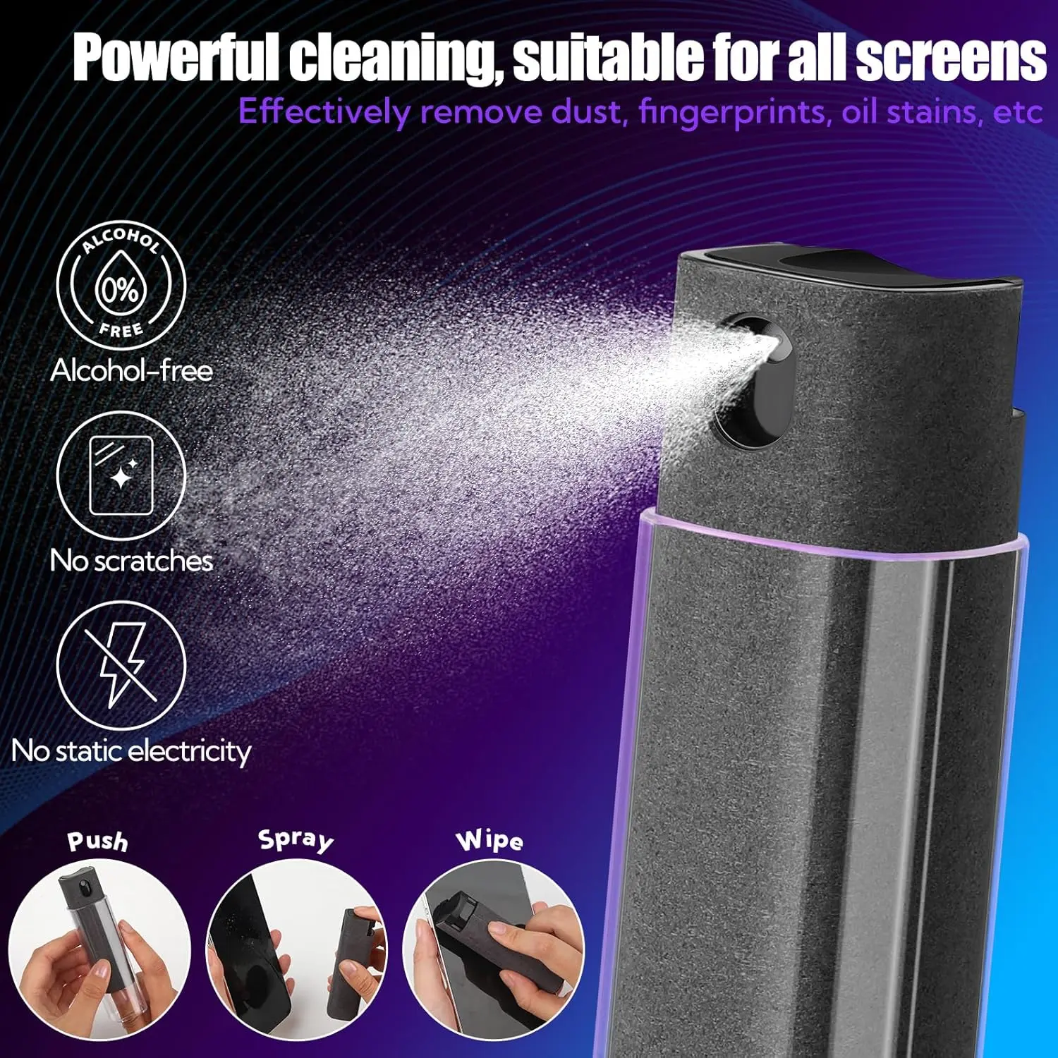This 50-pack of gray 3-in-1 screen cleaner spray wipes effectively removes fingerprints and dirt from touchscreens on phones, laptops, iPads, TVs, and car screens, featuring a built-in cleaning solution and reusable microfiber cloth.
