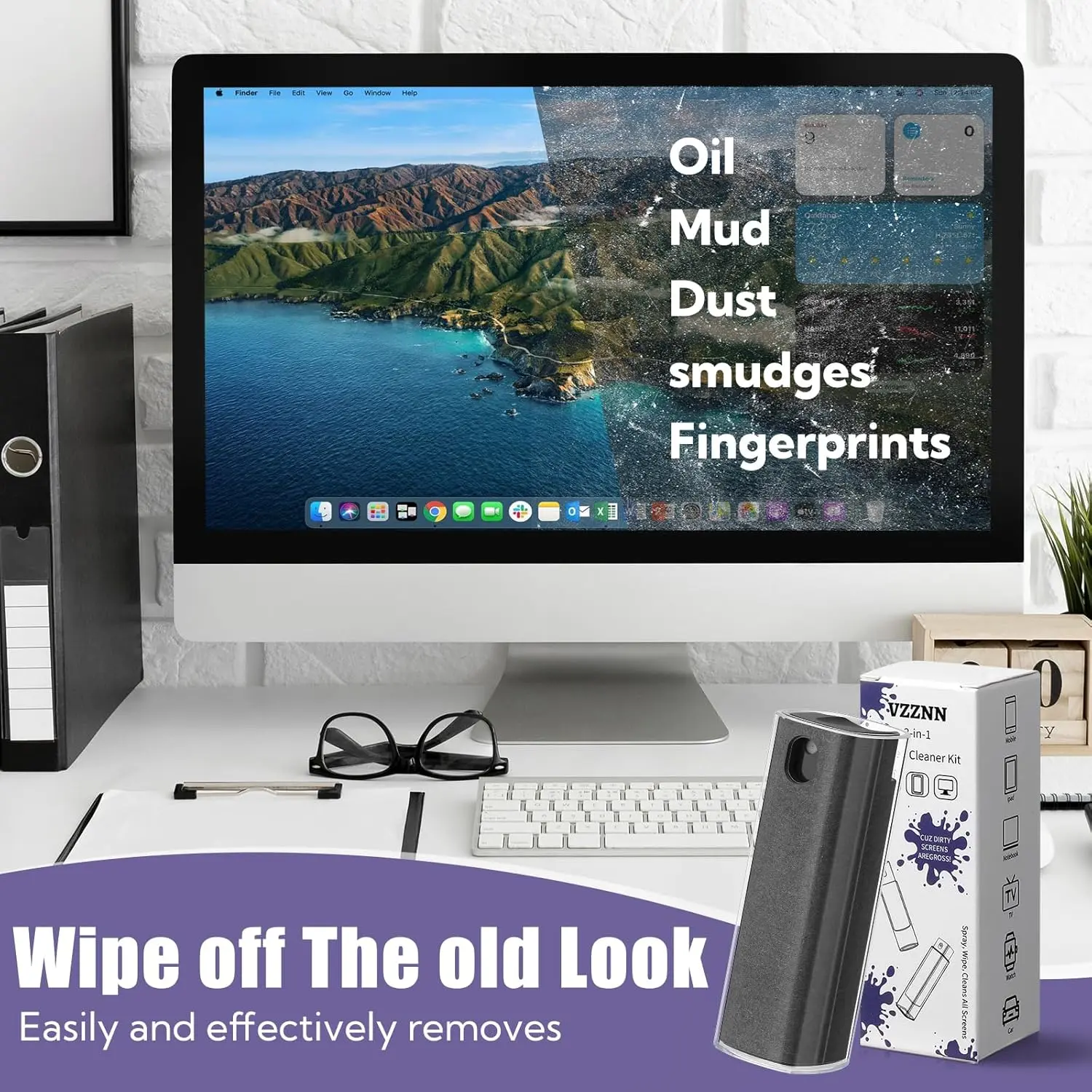 This 50-pack of gray 3-in-1 screen cleaner spray wipes effectively removes fingerprints and dirt from touchscreens on phones, laptops, iPads, TVs, and car screens, featuring a built-in cleaning solution and reusable microfiber cloth.