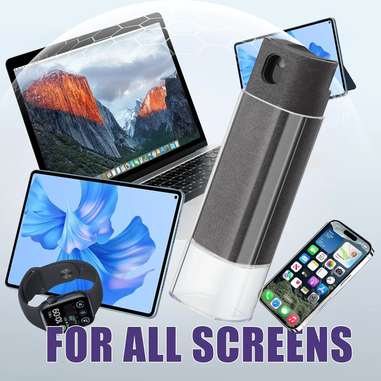 This 50-pack of gray 3-in-1 screen cleaner spray wipes effectively removes fingerprints and dirt from touchscreens on phones, laptops, iPads, TVs, and car screens, featuring a built-in cleaning solution and reusable microfiber cloth.