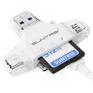 This is a 4 in 1 SD card reader compatible with i-Phone, i-Pad, Android, Mac, PC and Camera for portable memory card reading.