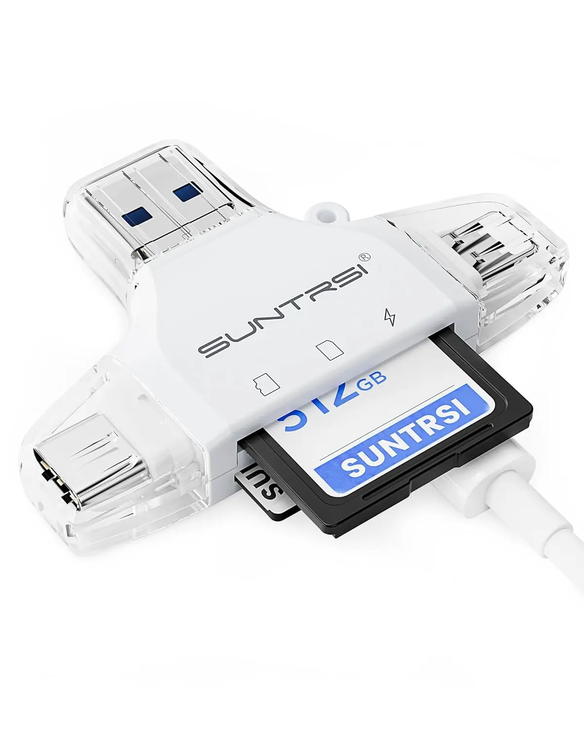 This is a 4 in 1 SD card reader compatible with i-Phone, i-Pad, Android, Mac, PC and Camera for portable memory card reading.