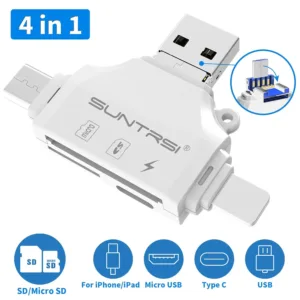 This is a 4 in 1 SD card reader compatible with i-Phone, i-Pad, Android, Mac, PC and Camera for portable memory card reading.
