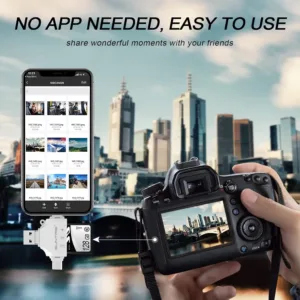 This is a 4 in 1 SD card reader compatible with i-Phone, i-Pad, Android, Mac, PC and Camera for portable memory card reading.