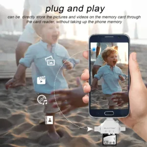 This is a 4 in 1 SD card reader compatible with i-Phone, i-Pad, Android, Mac, PC and Camera for portable memory card reading.