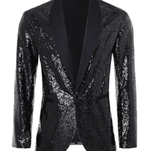 A men's Coucoland sequin blazer, crafted with a soft polyester inner fabric and shiny sequins, featuring a one-button closure, shawl collar, and shoulder pads, perfect for parties and special occasions.