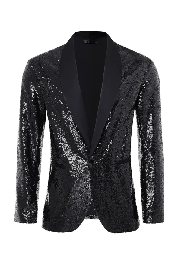 A men's Coucoland sequin blazer, crafted with a soft polyester inner fabric and shiny sequins, featuring a one-button closure, shawl collar, and shoulder pads, perfect for parties and special occasions.