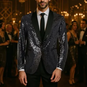 A men's Coucoland sequin blazer, crafted with a soft polyester inner fabric and shiny sequins, featuring a one-button closure, shawl collar, and shoulder pads, perfect for parties and special occasions.