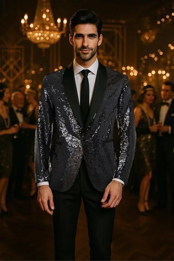 A men's Coucoland sequin blazer, crafted with a soft polyester inner fabric and shiny sequins, featuring a one-button closure, shawl collar, and shoulder pads, perfect for parties and special occasions.