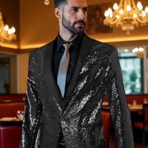 A men's Coucoland sequin blazer, crafted with a soft polyester inner fabric and shiny sequins, featuring a one-button closure, shawl collar, and shoulder pads, perfect for parties and special occasions.