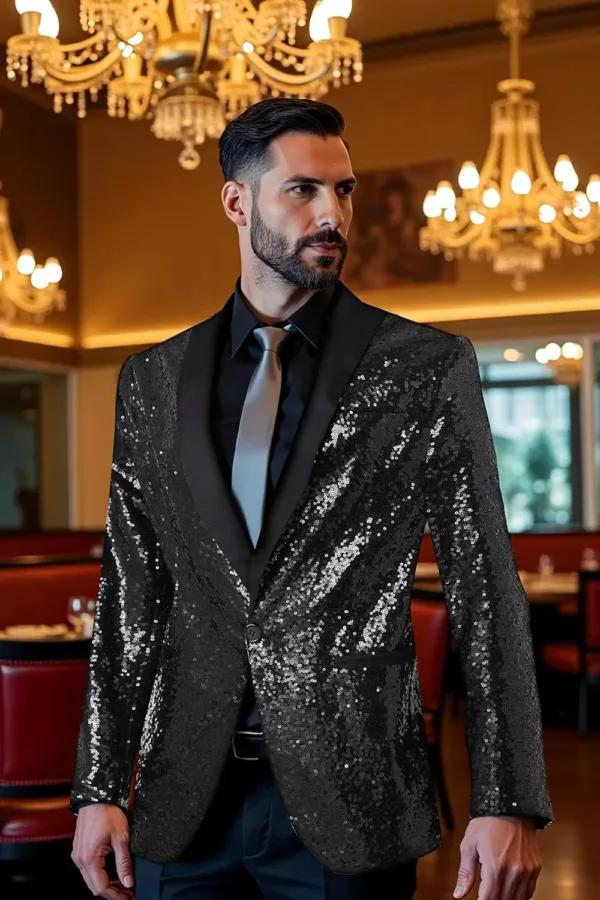 A men's Coucoland sequin blazer, crafted with a soft polyester inner fabric and shiny sequins, featuring a one-button closure, shawl collar, and shoulder pads, perfect for parties and special occasions.