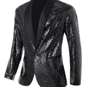 A men's Coucoland sequin blazer, crafted with a soft polyester inner fabric and shiny sequins, featuring a one-button closure, shawl collar, and shoulder pads, perfect for parties and special occasions.