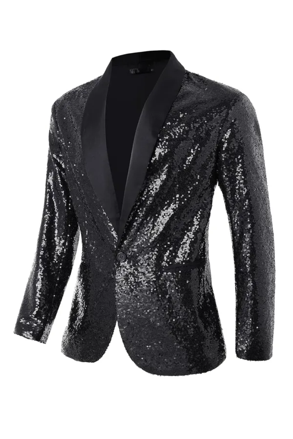 A men's Coucoland sequin blazer, crafted with a soft polyester inner fabric and shiny sequins, featuring a one-button closure, shawl collar, and shoulder pads, perfect for parties and special occasions.