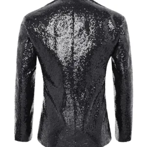 A men's Coucoland sequin blazer, crafted with a soft polyester inner fabric and shiny sequins, featuring a one-button closure, shawl collar, and shoulder pads, perfect for parties and special occasions.