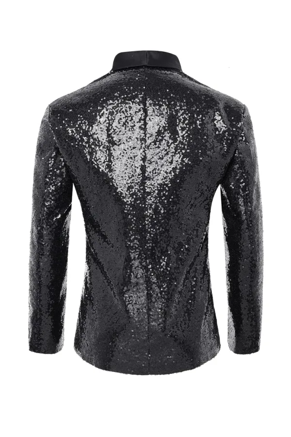 A men's Coucoland sequin blazer, crafted with a soft polyester inner fabric and shiny sequins, featuring a one-button closure, shawl collar, and shoulder pads, perfect for parties and special occasions.