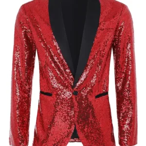 A men's Coucoland sequin blazer, crafted with a soft polyester inner fabric and shiny sequins, featuring a one-button closure, shawl collar, and shoulder pads, perfect for parties and special occasions.