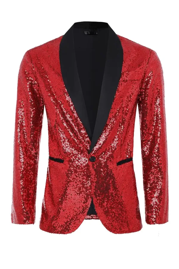 A men's Coucoland sequin blazer, crafted with a soft polyester inner fabric and shiny sequins, featuring a one-button closure, shawl collar, and shoulder pads, perfect for parties and special occasions.