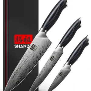 This SHAN ZU 3-piece kitchen knife set includes a chef knife, Santoku knife, and a multifunctional knife, all crafted from ultra-sharp Japanese powder steel with ergonomic pakkawood handles.