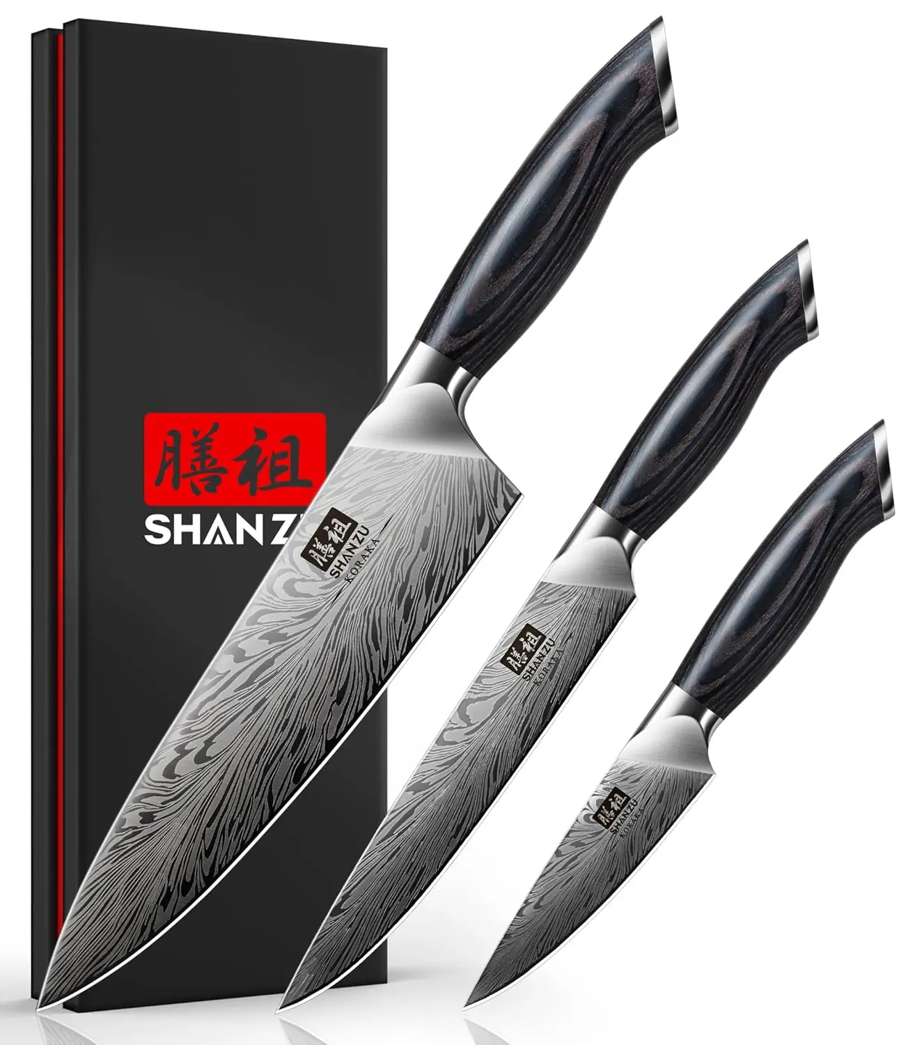 This SHAN ZU 3-piece kitchen knife set includes a chef knife, Santoku knife, and a multifunctional knife, all crafted from ultra-sharp Japanese powder steel with ergonomic pakkawood handles.