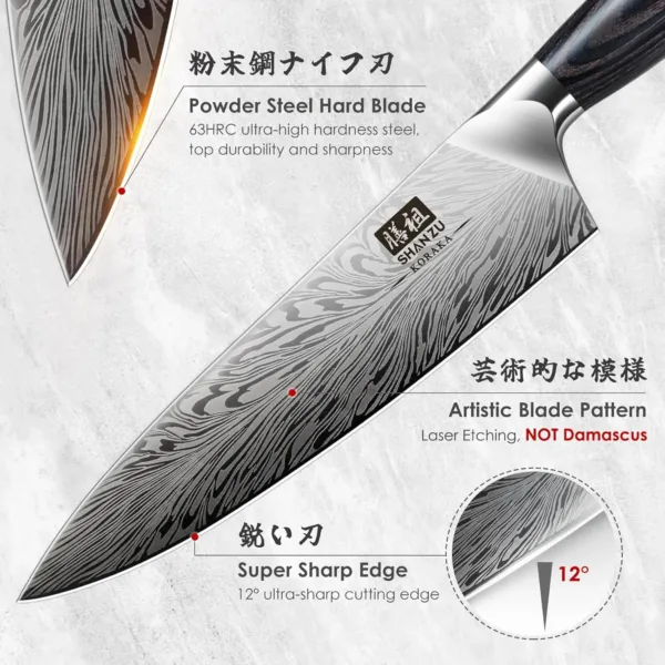 This SHAN ZU 3-piece kitchen knife set includes a chef knife, Santoku knife, and a multifunctional knife, all crafted from ultra-sharp Japanese powder steel with ergonomic pakkawood handles.