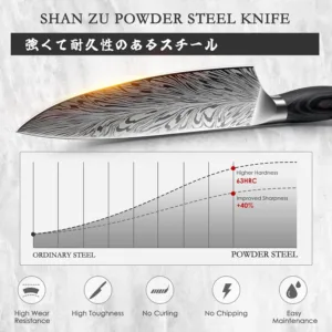 This SHAN ZU 3-piece kitchen knife set includes a chef knife, Santoku knife, and a multifunctional knife, all crafted from ultra-sharp Japanese powder steel with ergonomic pakkawood handles.