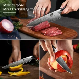 This SHAN ZU 3-piece kitchen knife set includes a chef knife, Santoku knife, and a multifunctional knife, all crafted from ultra-sharp Japanese powder steel with ergonomic pakkawood handles.