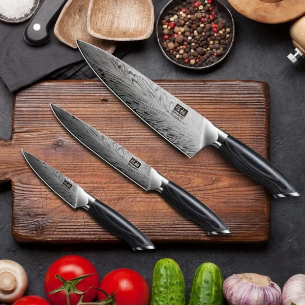 This SHAN ZU 3-piece kitchen knife set includes a chef knife, Santoku knife, and a multifunctional knife, all crafted from ultra-sharp Japanese powder steel with ergonomic pakkawood handles.