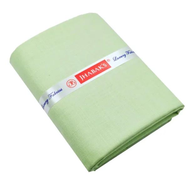 This is a premium pista green unstitched cotton blend shirt fabric of 2.25m length, perfect for tailoring custom fit shirts.