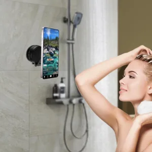 This magnetic shower phone holder with reusable suction cup allows you to securely mount your Magsafe iPhone 12-17 to bathroom mirror, shower, window, car dashboard, or any flat surface.