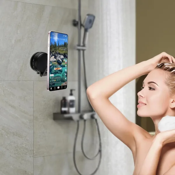 This magnetic shower phone holder with reusable suction cup allows you to securely mount your Magsafe iPhone 12-17 to bathroom mirror, shower, window, car dashboard, or any flat surface.