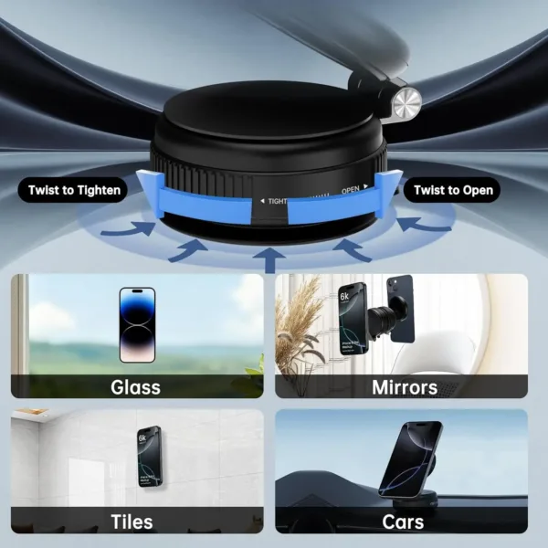 This magnetic shower phone holder with reusable suction cup allows you to securely mount your Magsafe iPhone 12-17 to bathroom mirror, shower, window, car dashboard, or any flat surface.