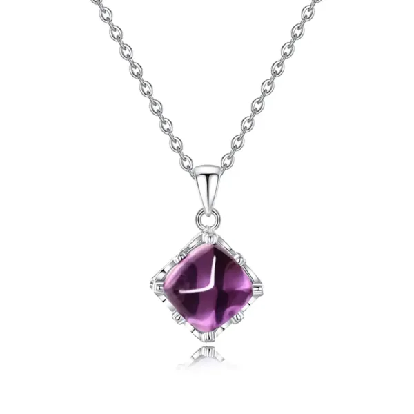 This is a sterling silver cat pendant necklace featuring a cute cat design with sparkly Austrian crystal and zircon accents, a medium lavender color, and a shiny 17-inch silver-plated twisted chain.