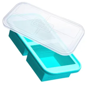 This aqua Souper Cubes 2-cup freezer tray with a lid is made of durable, food-safe silicone and is perfect for easy portioning and freezing soups, casseroles, and other meals.